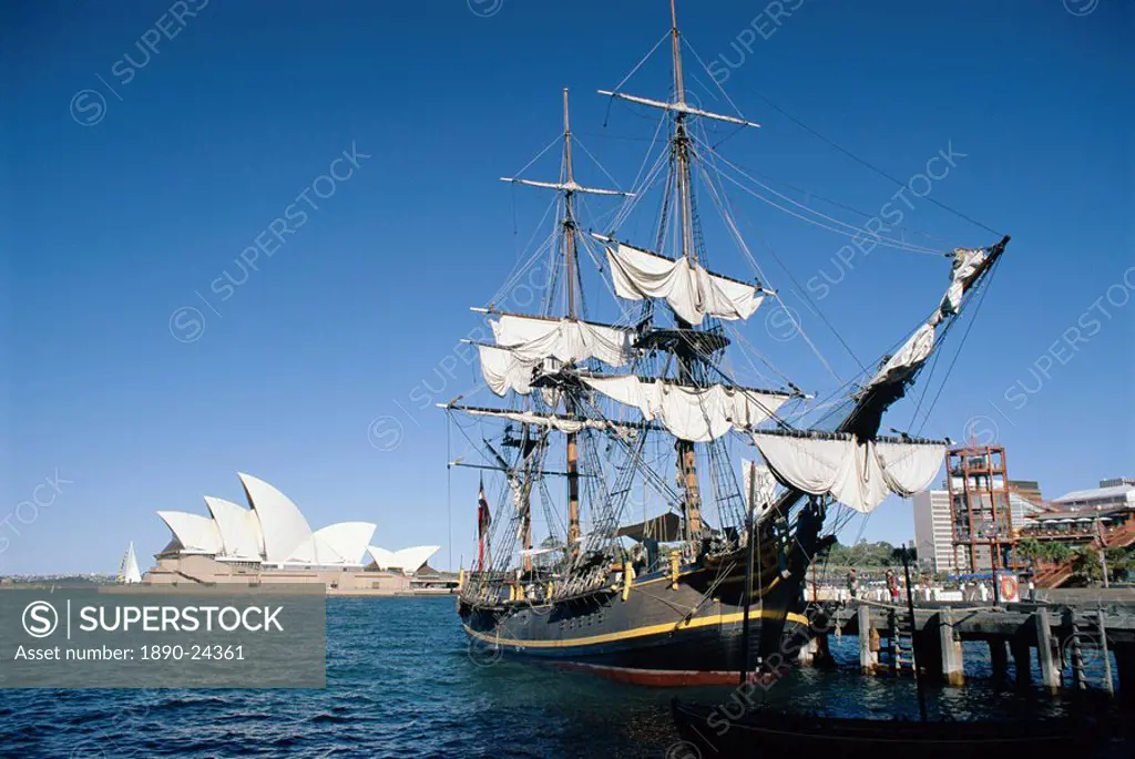 Replica of H.M.S. Bounty and Sydney Opera House, Sydney, New South Wales N.S.W., Australia, Pacific