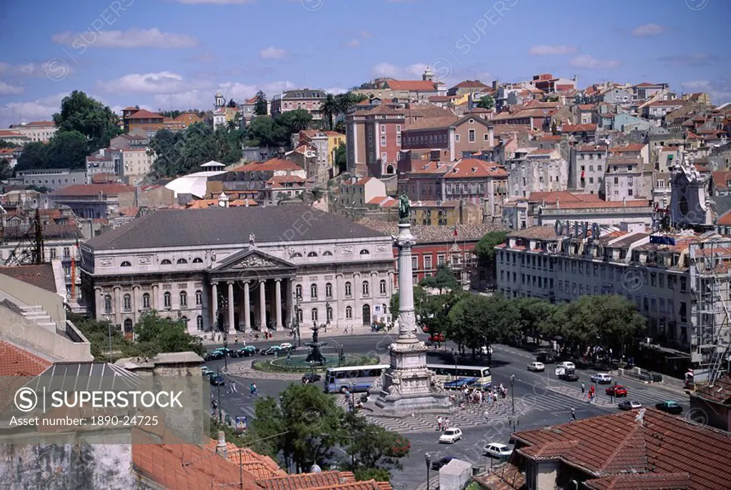 Aerial view of Rossio Square and city, Lisbon, Portugal, Europe