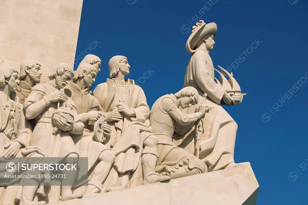 Detail of figures on the Monument to the Discoveries at Belem, Lisbon, Portugal, Europe