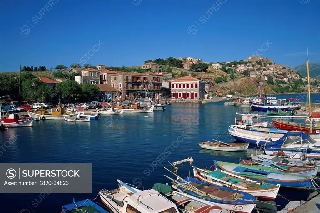 Boats moored in harbour at Molyvos, on Lesbos, North Aegean Islands, Greek Islands, Greece, Europe