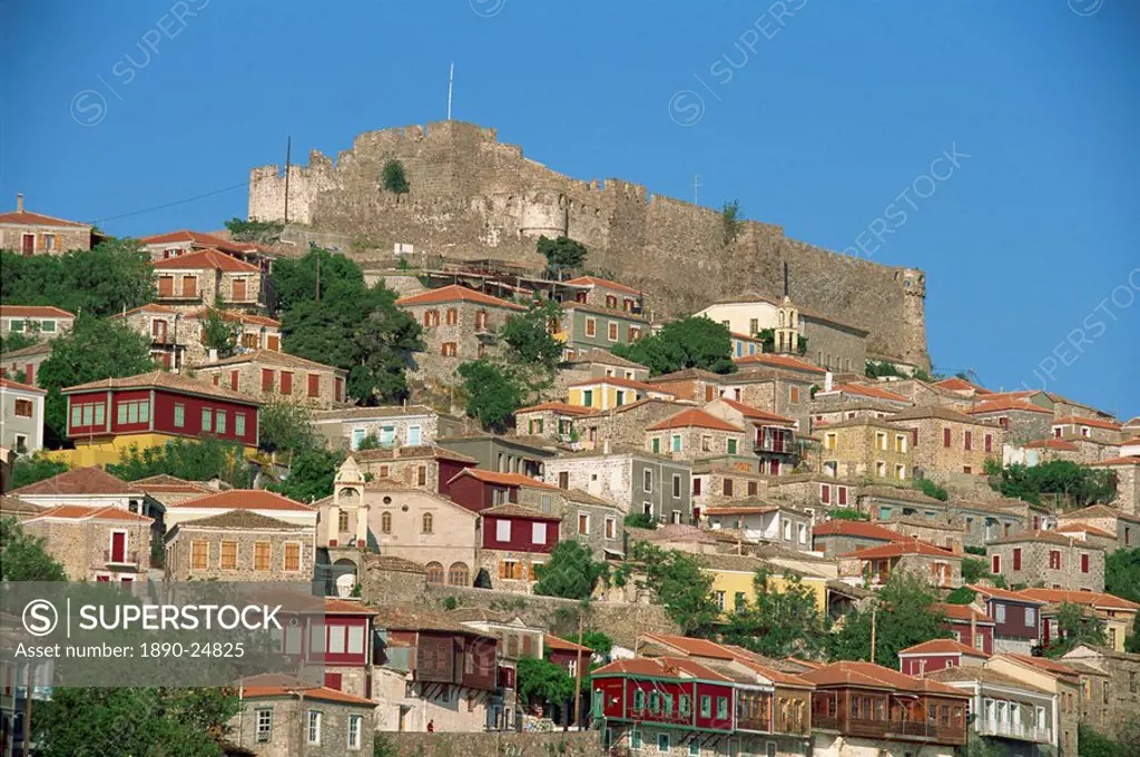 The town and castle on the skyline at Molyvos, on Lesbos, North Aegean Islands, Greek Islands, Greece, Europe