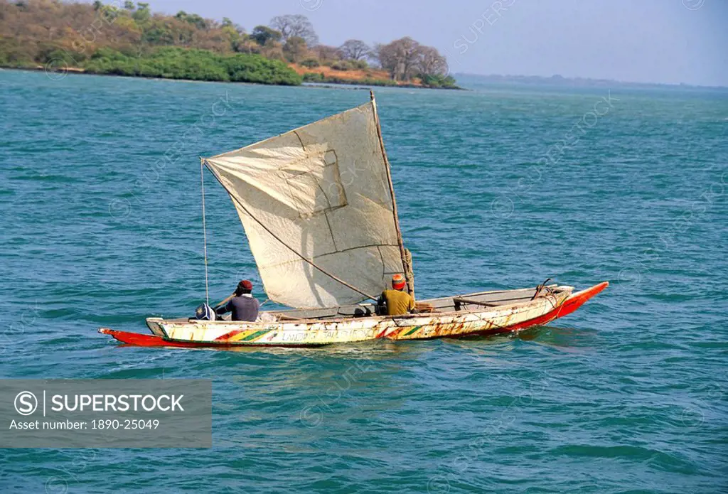 Canoe with sail, River Gambia, the Gambia, West Africa, Africa
