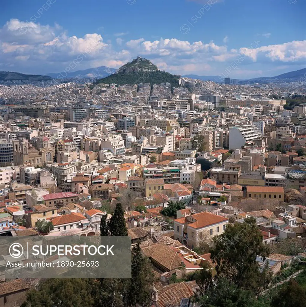 Panorama with Lykabettos Hill in the distance, taken from the Acropolis, of the city of Athens, Greece, Europe