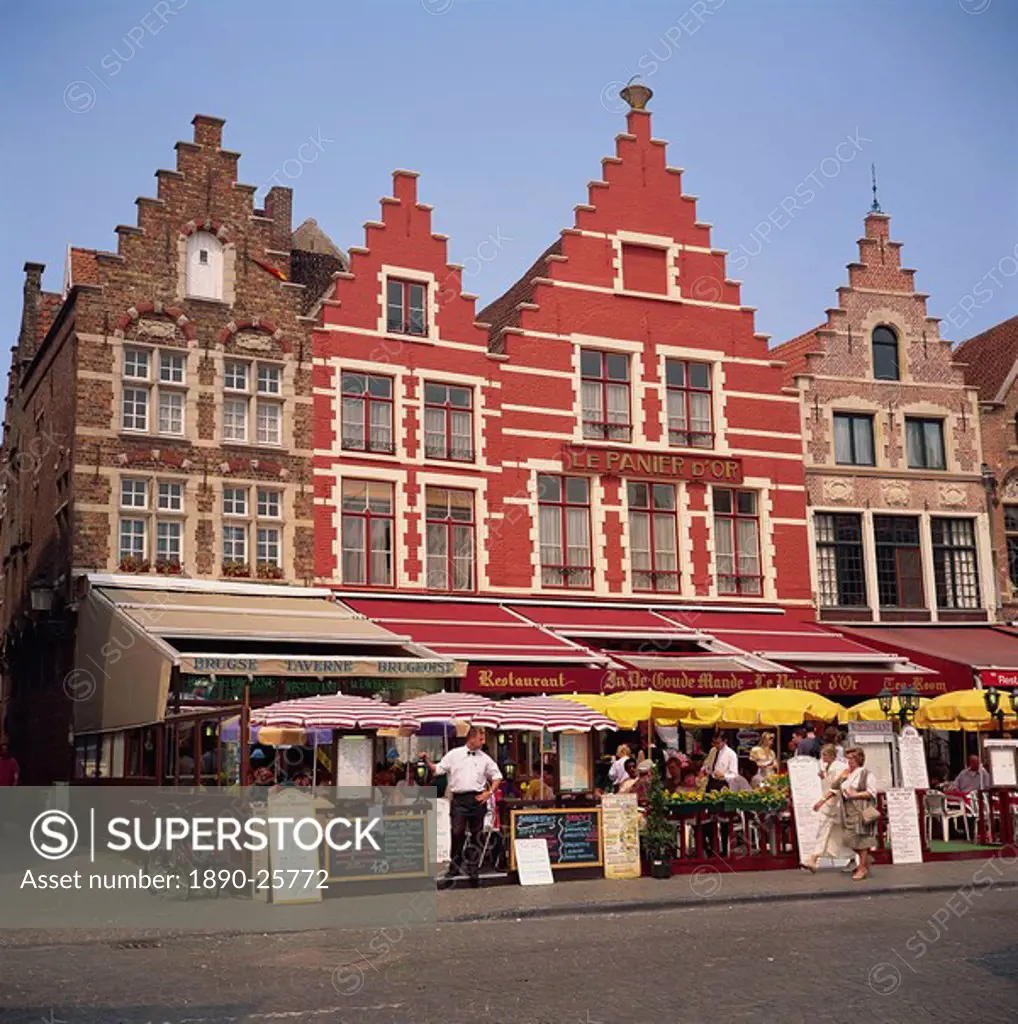Outdoor cafe facades, Market Square, Bruges, Belgium, Europe