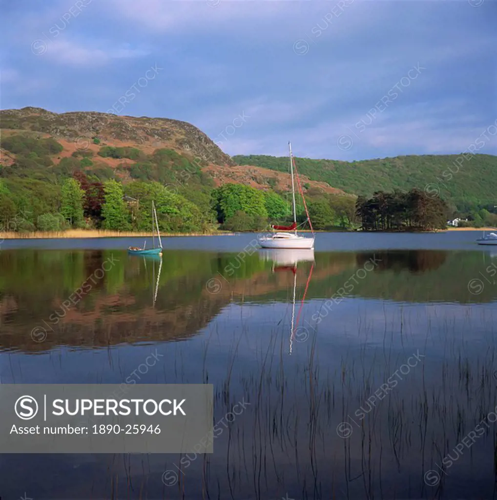 Boats and reflections, Coniston Water, Lake District National Park, Cumbria, England, United Kingdom, Europe