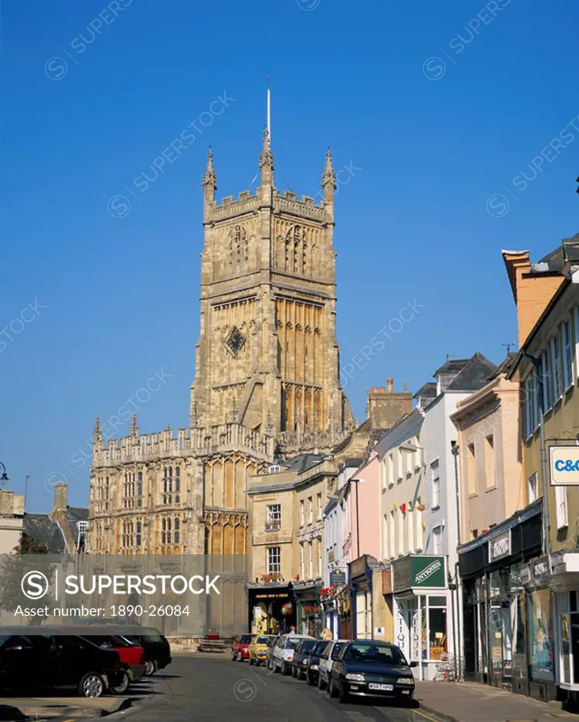Parish church and town, Cirencester, Gloucestershire, the Cotswolds, England, United Kingdom, Europe