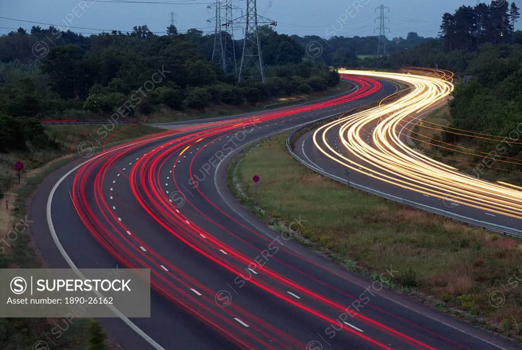 Light trails on the Guildford by_pass at dusk in Surrey, England, United Kingdom, Europe