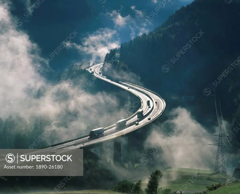 Cloud on either side of elevated road at the Brenner Pass in Austria, Europe