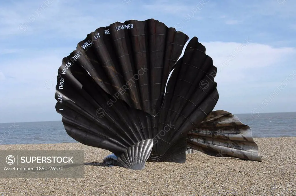 The Scallop sculpture by Maggie Hambling on the beach at Aldeburgh, Suffolk, England, United Kingdom, Europe