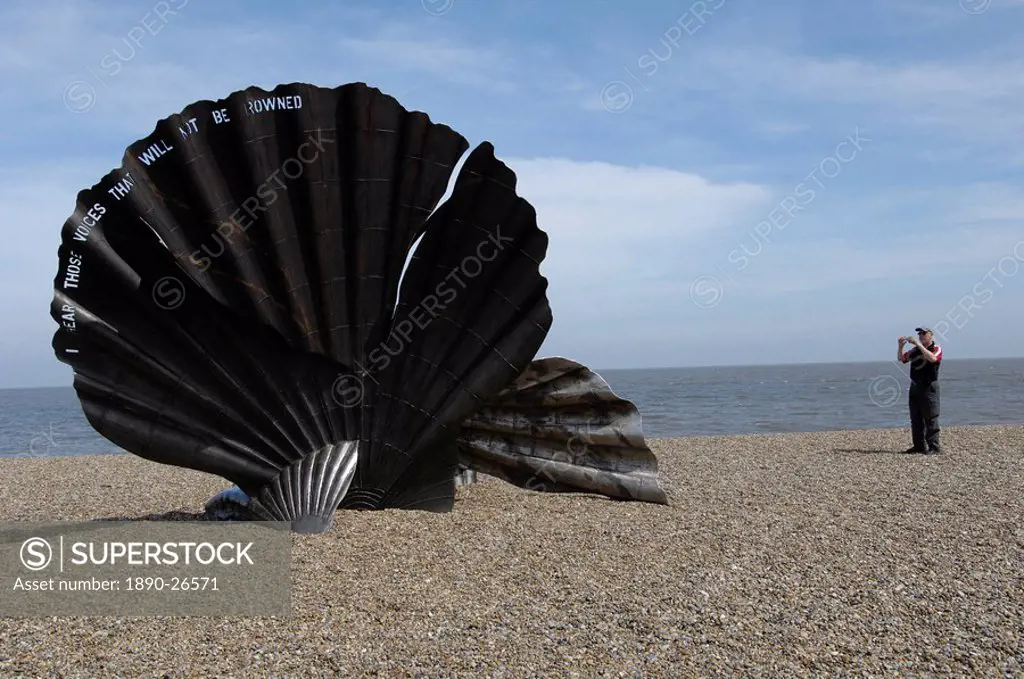 The Scallop sculpture by Maggie Hambling on the beach at Aldeburgh, Suffolk, England, United Kingdom, Europe