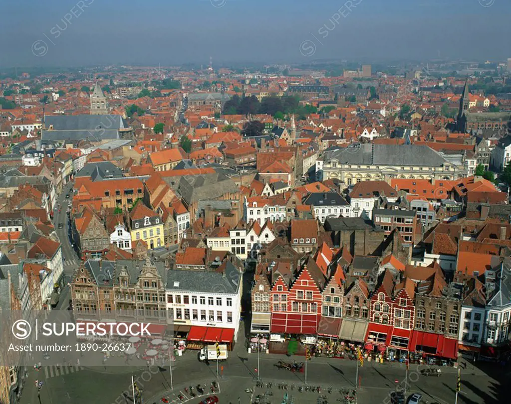 Aerial view of cafe facades, Market Square, Bruges, Belgium, Europe