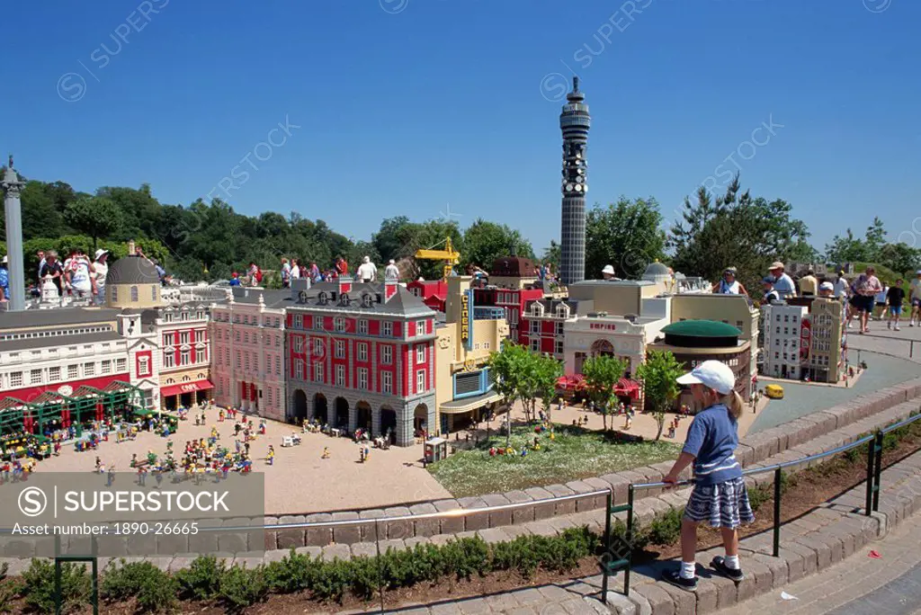 Child admiring model of London, Legoland amusement park, Windsor, Berkshire, England, United Kingdom, Europe