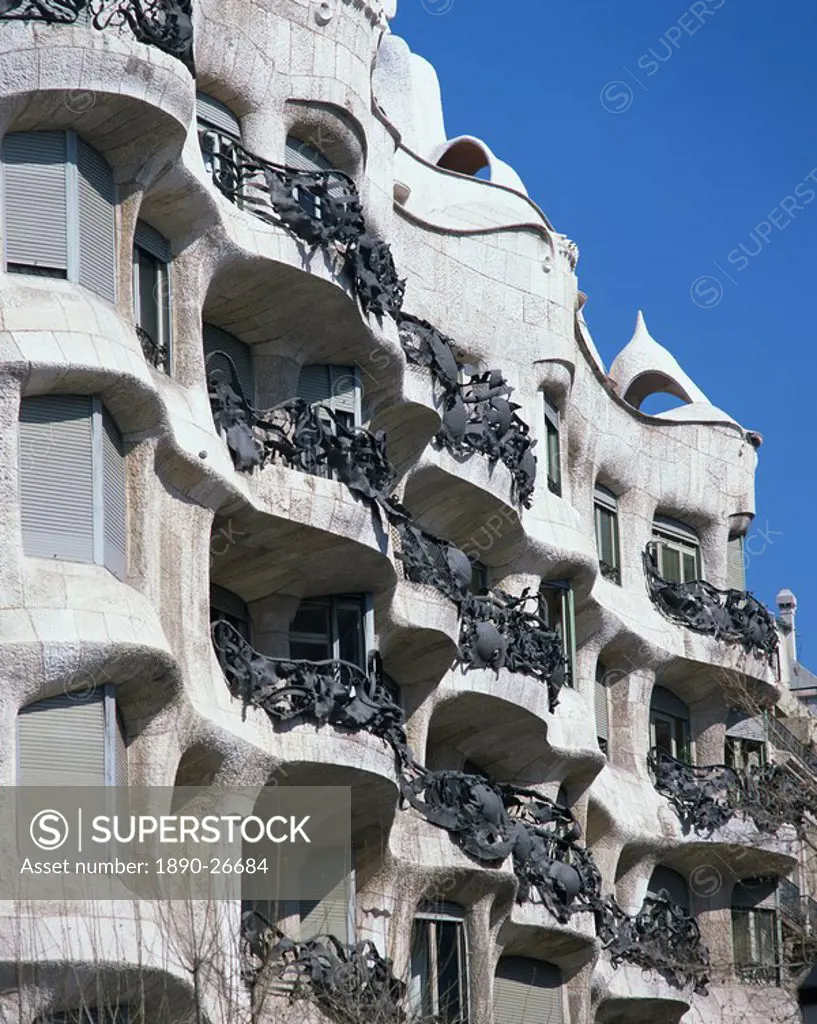 Balconies on the Casa Mila, a Gaudi house, UNESCO World Heritage Site, in Barcelona, Cataluna, Spain, Europe