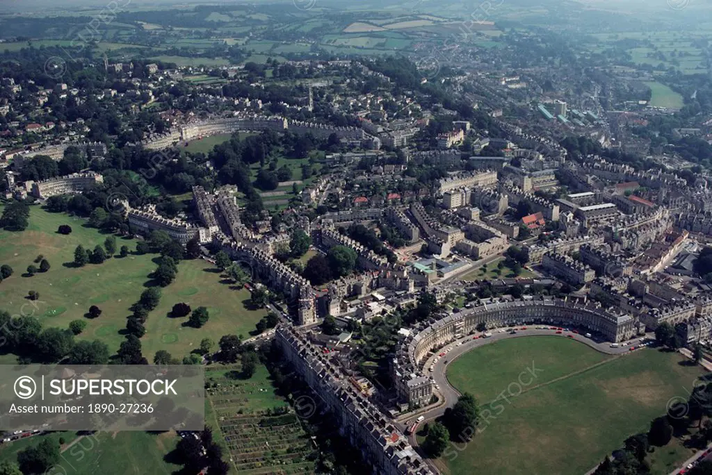 Aerial view of Bath, including the Royal Crescent, Avon Somerset, England, United Kingdom, Europe