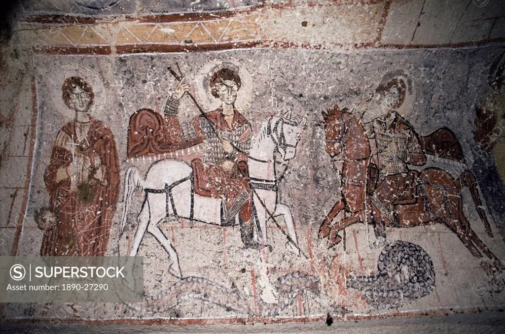 Fresco in Church of the Serpent, figure could be St. George, Goreme, Cappadocia, Anatolia, Turkey, Asia Minor, Eurasia