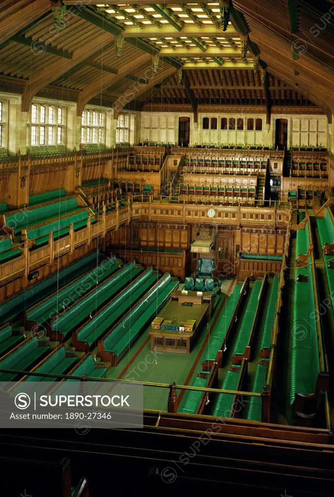 Interior of the Commons chamber, Houses of Parliament, Westminster, London, England, United Kingdom, Europe