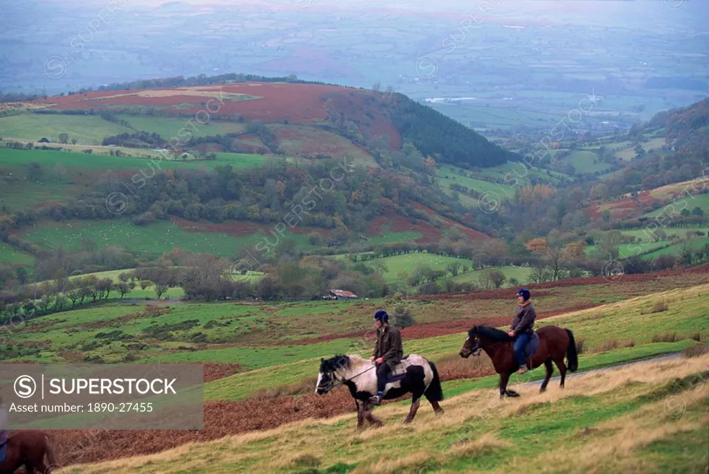 Horse riding near Gospel Pass, Black Mountains, Gwent, Wales, United Kingdom, Europe