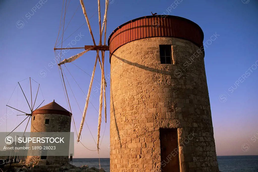 Windmills, Rhodes Harbour, Rhodes, Dodecanese islands, Greece, Europe