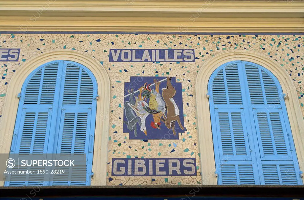 Mosaic shop sign, Cours Saleya, Nice, Alpes Maritimes, Provence, Cote d´Azur, France, Europe