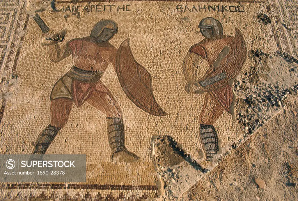 Detail of mosaic showing fighting warriors with swords and shields, Kourion, Cyprus, Europe