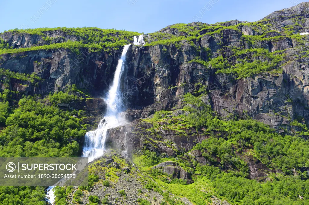 Waterfall near Briksdal Glacier, Olden, Vestland, Norway, Scandinavia, Europe