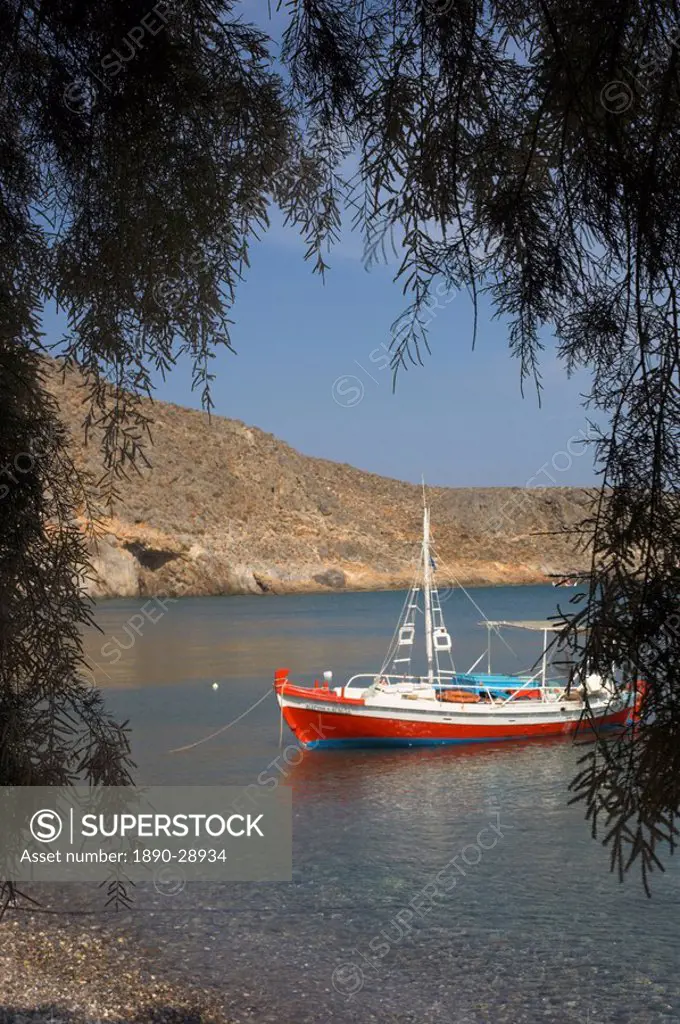 Colourful fishing boat on sea, Kato Zakro, east coast, Crete, Greek Islands, Greece, Europe