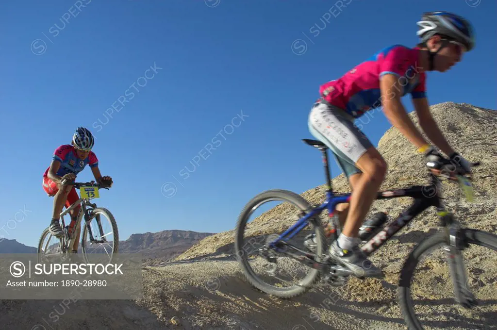 Two competitiors in the Mount Sodom International Mountain Bike Race, Dead Sea area, Israel, Middle East