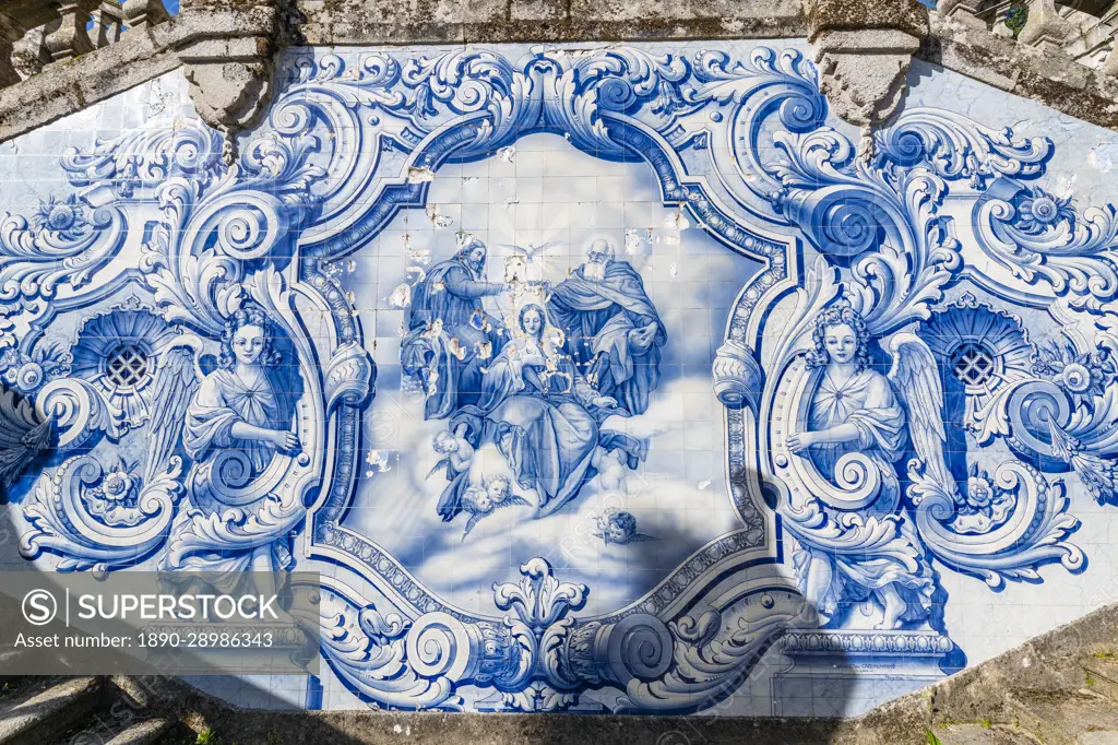 Blue tilework, Sanctuary of Nossa Senhora dos Remedios, Lamego, Douro River, Portugal, Europe