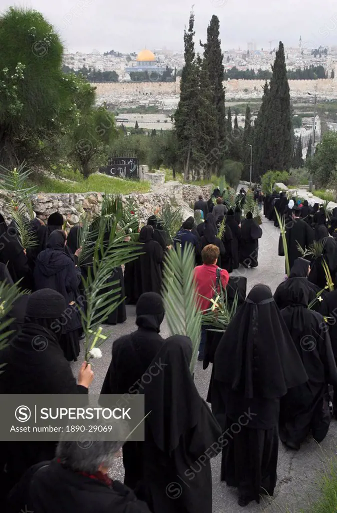 Orthodox Easter Palm procession from Betphage to the Old City walking down the Mount of Olives towards Old City, Jerusalem, Israel, Middle East