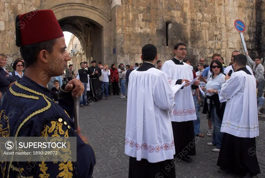 Three Palestinian priests heading the procession at St. Steven´s Gate during Palm Sunday Catholic procession, Old City, Jerusalem, Israel, Middle East