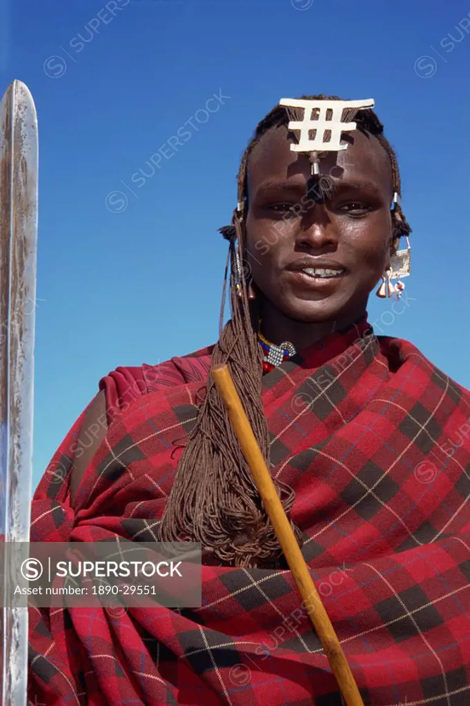 Masai warrior in red, Masai Mara National Park, Kenya, East Africa, Africa