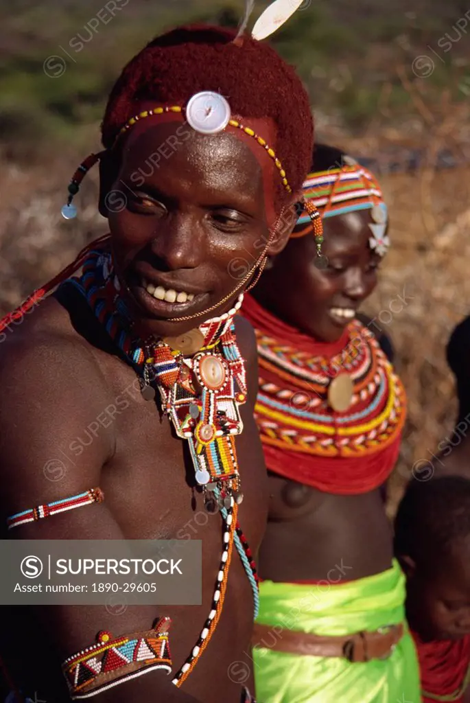 Samburu boy and girl wearing traditional beads, Sererit, Kenya, East Africa, Africa