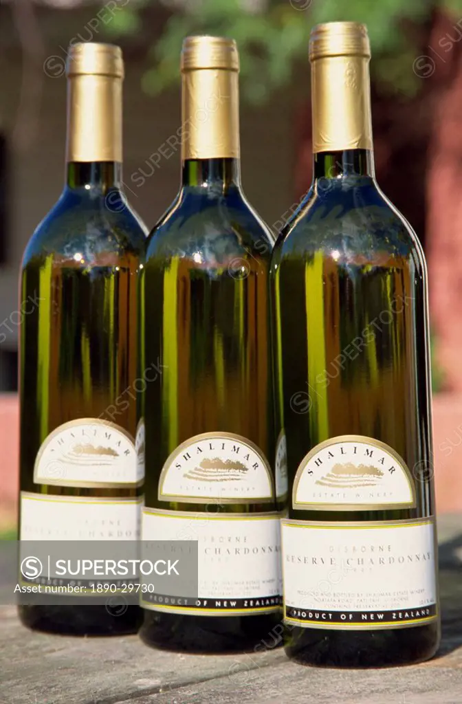 Bottles of wine, Shalimar Vineyard, Gisborne, North Island, New Zealand, Pacific
