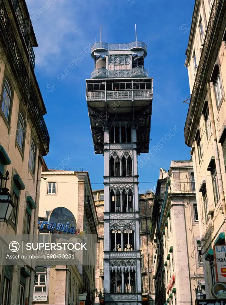 The Santa Justa Lift, designed by Eiffel, in the centre of Lisbon, Portugal, Europe