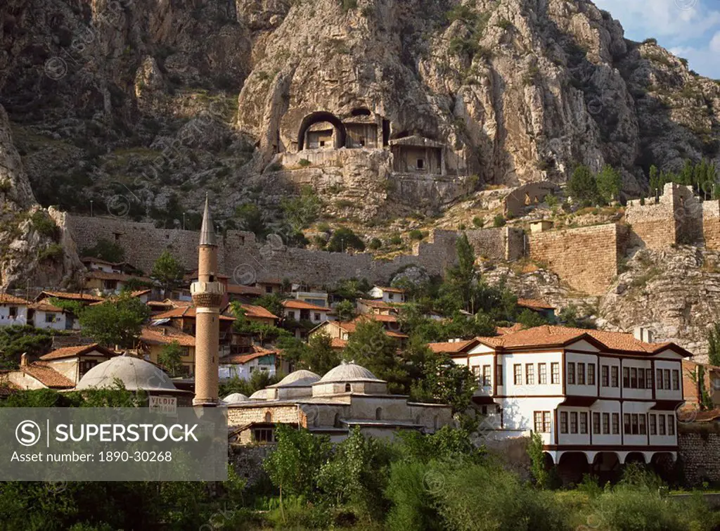 Restored castle walls and burial chambers from around 300 BC above Amasya, Anatolia, Turkey, Asia Minor, Eurasia