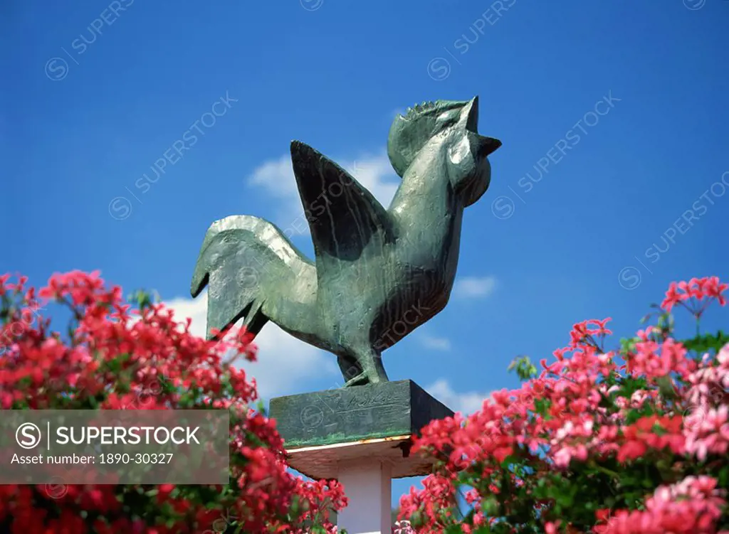 Cockerel sculpture representing the famous Volailles de Bresse, near Bourg en Bresse, Burgundy, France, Europe