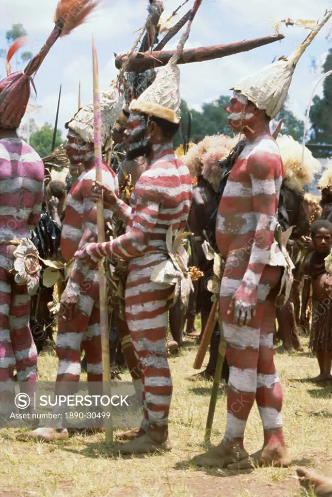 Northern Highlands tribesmen with striped body decoration, Goroka, Papua New Guinea, Pacific