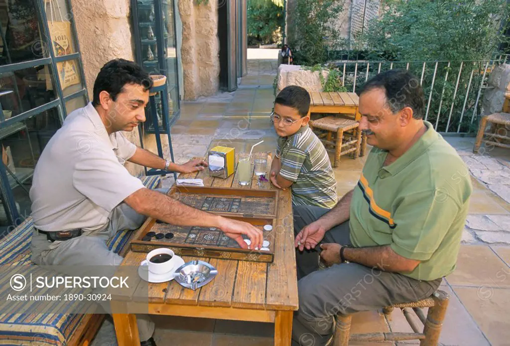Men playing backgammon, Madaba, Jordan, Middle East