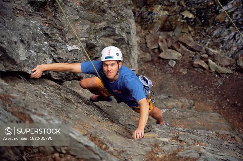 Matt Szundy, rock climbing teacher on the wall behind the Alyeska Resort, off Seward Highway, Girdwood, Alaska, United States of America, North Americ...