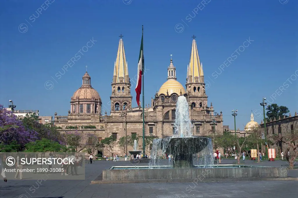 Fountain in front of the Christian cathedral in Guadalajara, Jalisco, Mexico, North America
