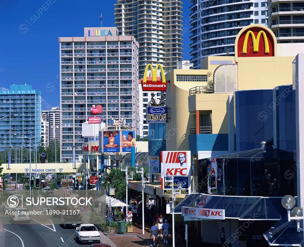 High angle view of a street scene, with fast food outlet signs, in Surfers Paradise, Gold Coast, Queensland, Australia, Pacific