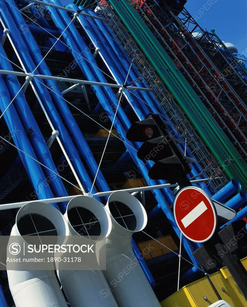 Exterior detail of pipes at the Pompidou Centre, Beaubourg, Paris, France, Europe