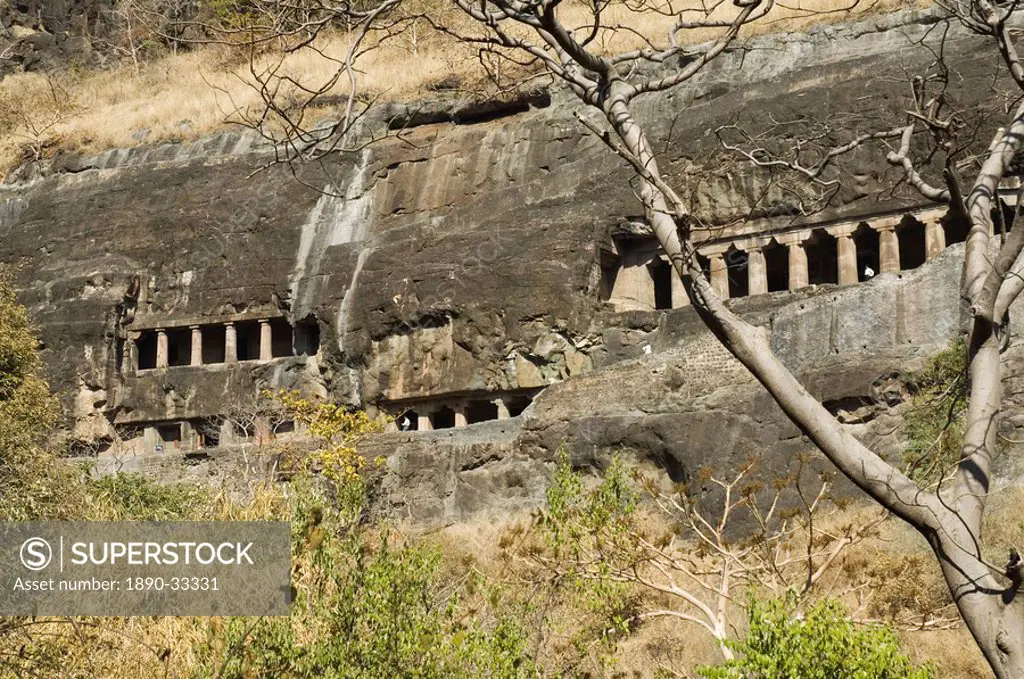 Ajanta Cave complex, Buddhist Temples carved into solid rock dating from the 5th century BC, UNESCO World Heritage Site, Ajanta, Maharashtra, India, A...