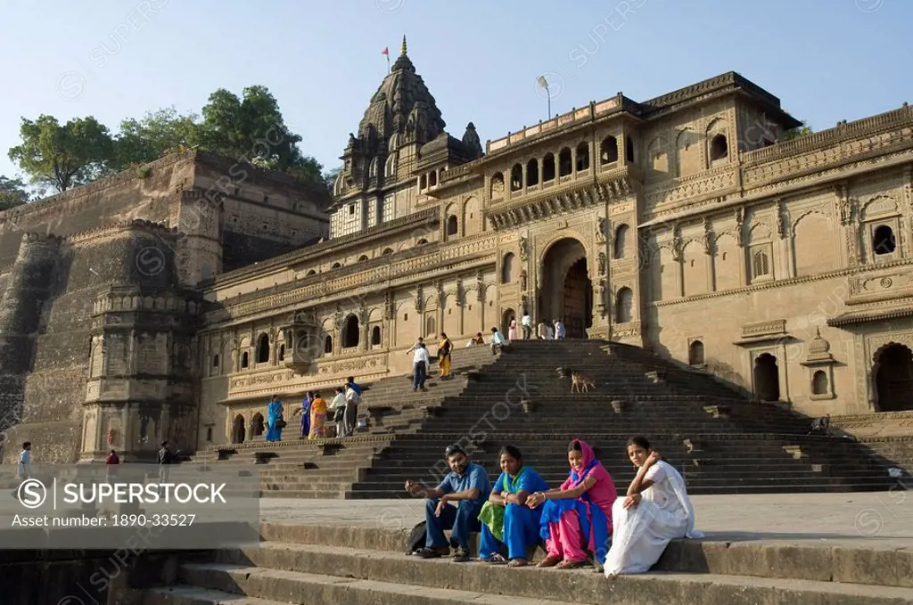 The ghats on the Narmada River at the Ahilya Fort and Temples, Maheshwar, Madhya Pradesh state, India, Asia