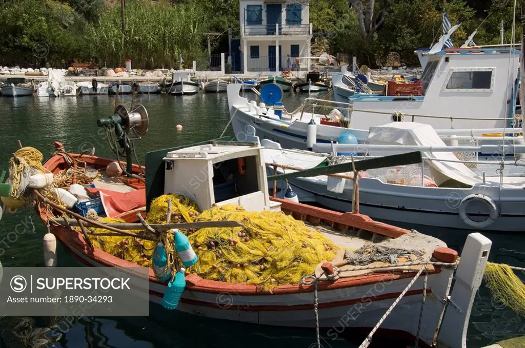 Fishing boats, Poli Bay, Ithaka, Ionian Islands, Greek Islands, Greece, Europe
