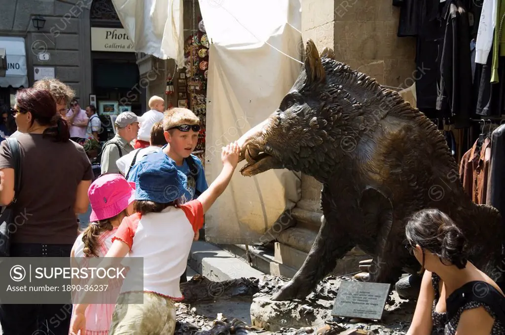 Il Porcellino, rubbing the nose of the wild boar statue will bring you luck and you will return to Florence, Mercato Nuovo, Florence Firenze, Tuscany,...