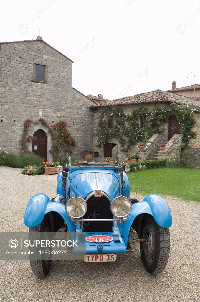 Bugatti car at the Castello di Spaltenna now a hotel, Gaiole in Chianti, Chianti, Tuscany, Italy, Europe
