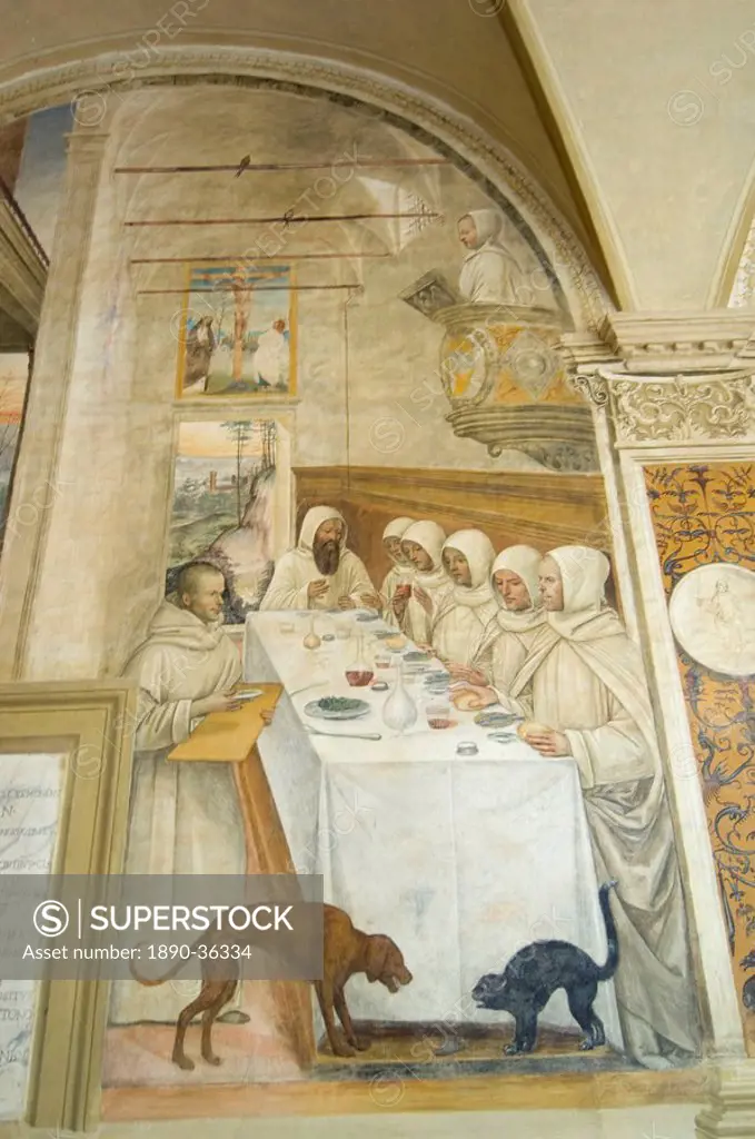Benedictine Monastery famous for frescoes in cloisters depicting the life of St. Benedict, Monte Oliveto Maggiore, Tuscany, Italy, Europe