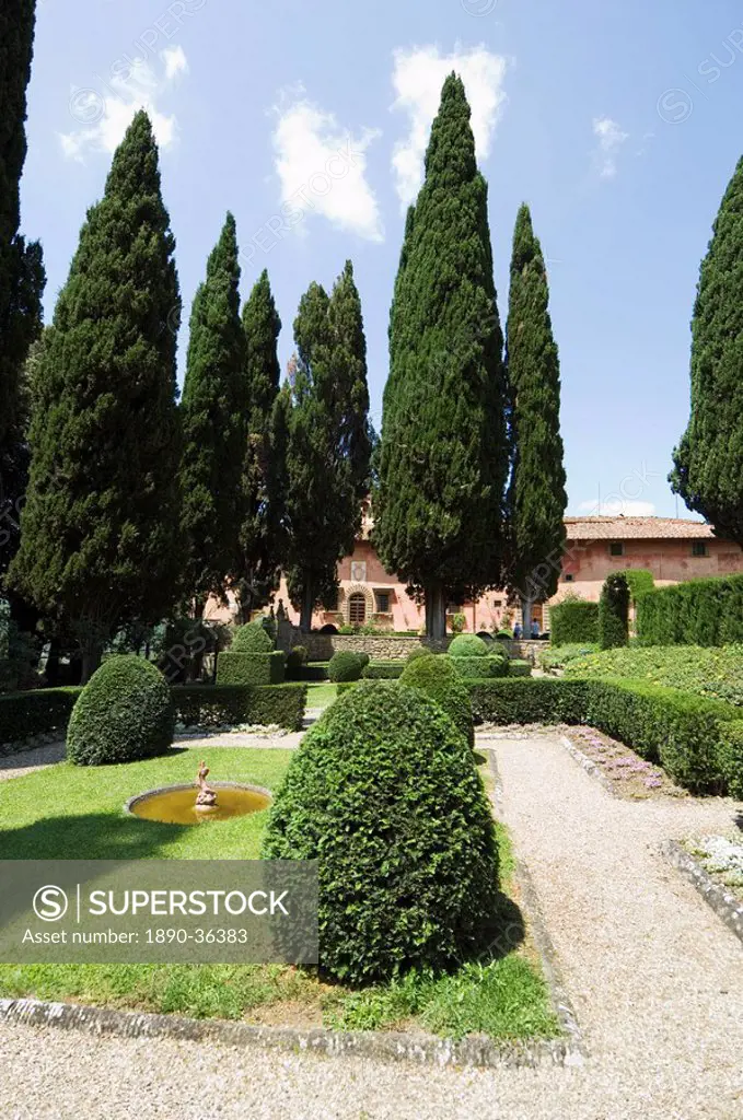 The gardens of the Villa Vignamaggio, a wine producer whose wines were the first to be called Chianti, near Greve, Chianti, Tuscany, Italy, Europe
