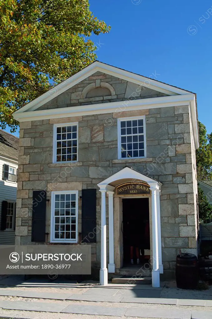 Exterior of the Mystic Bank building in the Living Maritime Museum at Mystic Seaport, Connecticut, New England, United States of America, North Americ...